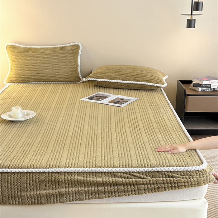 91家纺网 家纺一手货源 找家纺 欧邦 新款提花针织绒牛奶绒铂金系列床笠三件套四件套 针织绒-摩卡棕