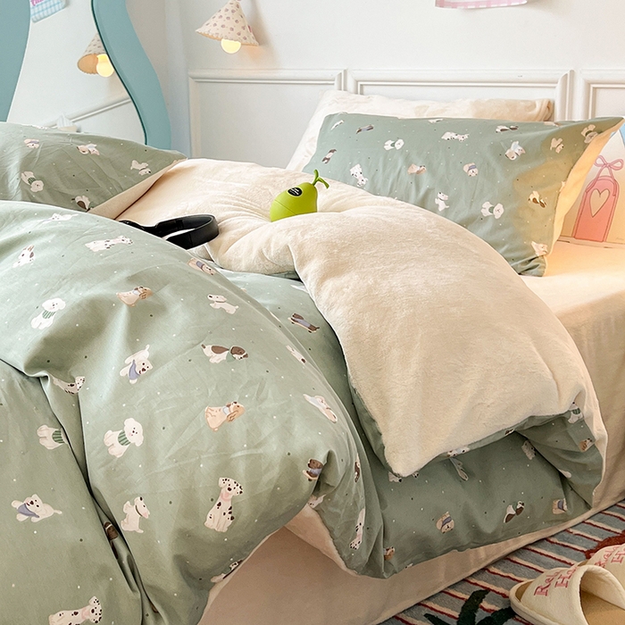 91家纺网 家纺一手货源 找家纺 昔可家纺 2024新款秋冬新款棉加牛奶绒四件套 伙伴狗狗