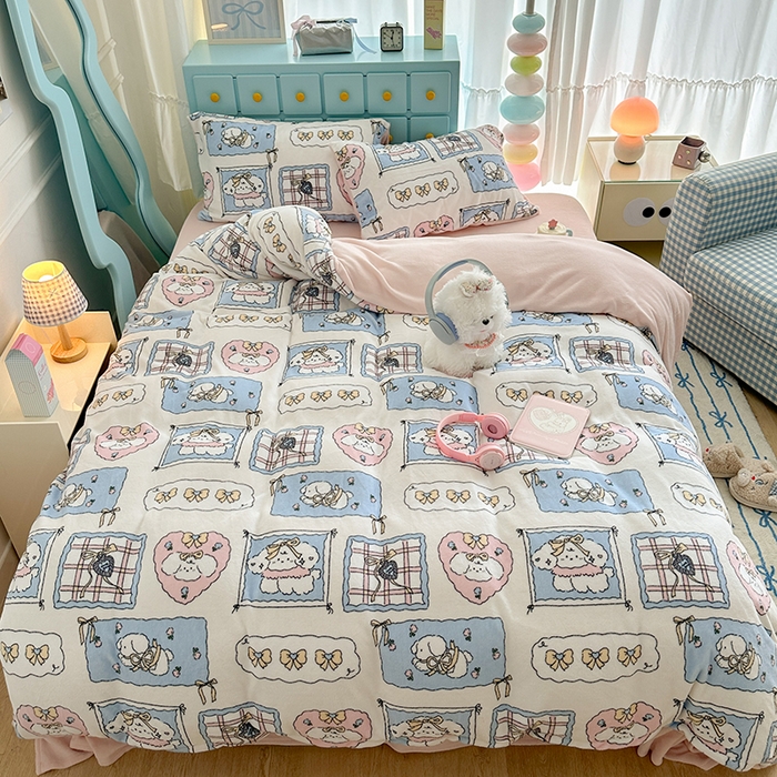 91家纺网 家纺一手货源 找家纺 昔可家纺 2024新款印花牛奶绒四件套系列-卡通系列 泡芙卷卷