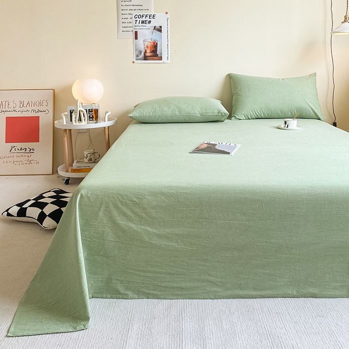 91家纺网 家纺一手货源 找家纺 眠帛家居 2024新款A类亲肤水洗棉纯色单品床单三件套 果绿