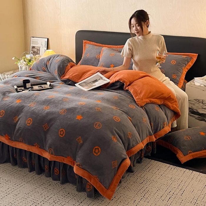 91家纺网 家纺一手货源 找家纺 茉保家纺 2024新款包边款印花牛奶绒床盖四件套 米兰-橘