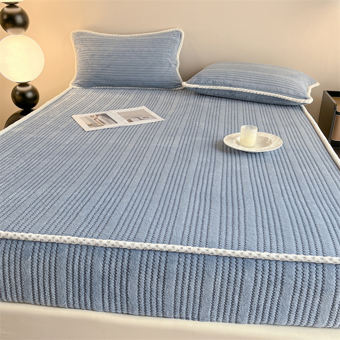 91家纺网 家纺一手货源 找家纺 欧邦 新款提花针织绒牛奶绒铂金系列床笠三件套四件套 针织绒-松蓝