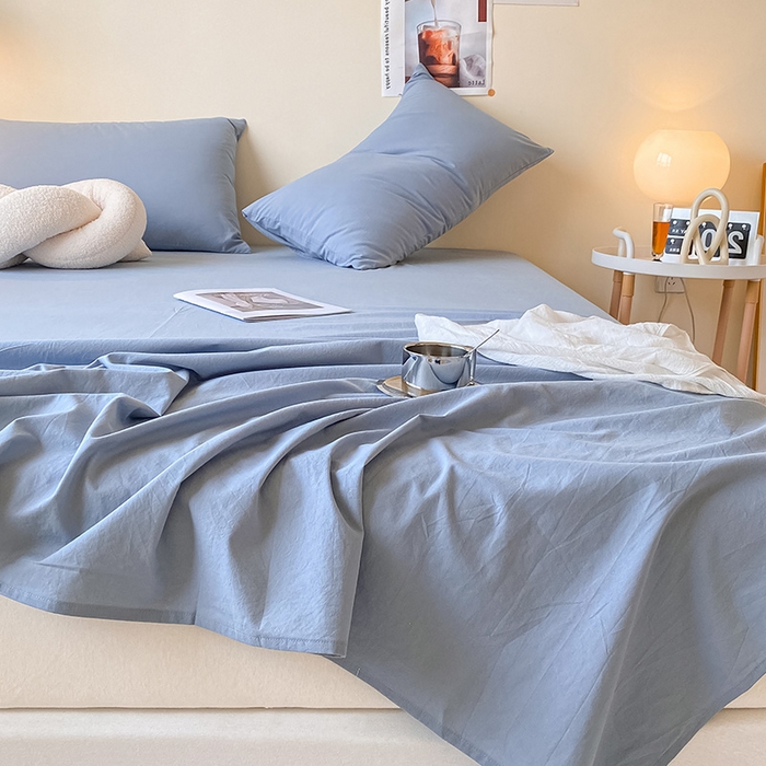 91家纺网 家纺一手货源 找家纺 眠帛家居 2024新款A类亲肤水洗棉纯色单品床单三件套 蓝灰