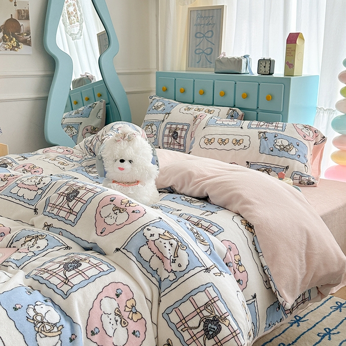91家纺网 家纺一手货源 找家纺 昔可家纺 2024新款印花牛奶绒四件套系列-卡通系列 泡芙卷卷