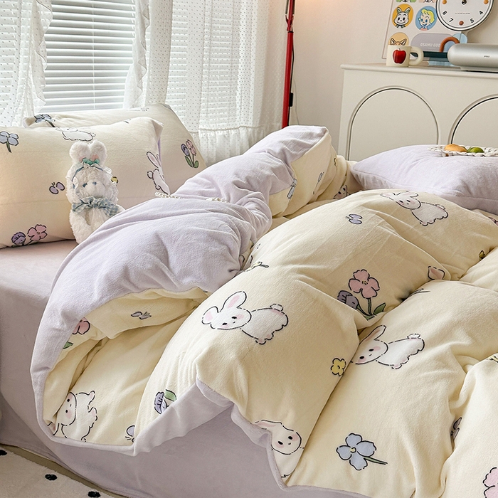 91家纺网 家纺一手货源 找家纺 昔可家纺 2024新款印花牛奶绒四件套系列-2023年热款系列 花小兔