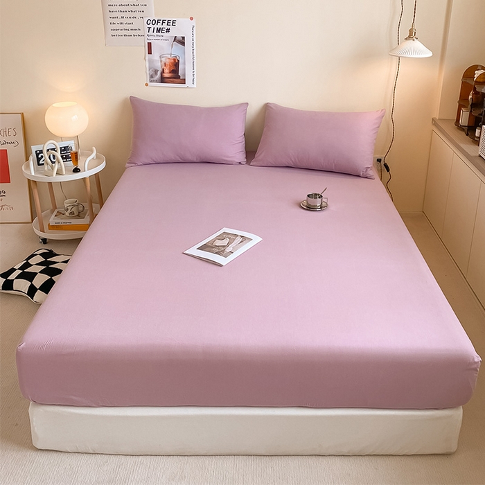 91家纺网 家纺一手货源 找家纺 眠帛家居 2024新款A类亲肤水洗棉纯色单品床笠三件套 浅紫