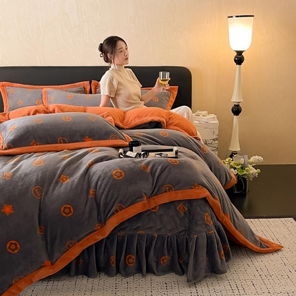 茉保家纺 2024新款包边款印花牛奶绒床盖四件套 米兰-橘