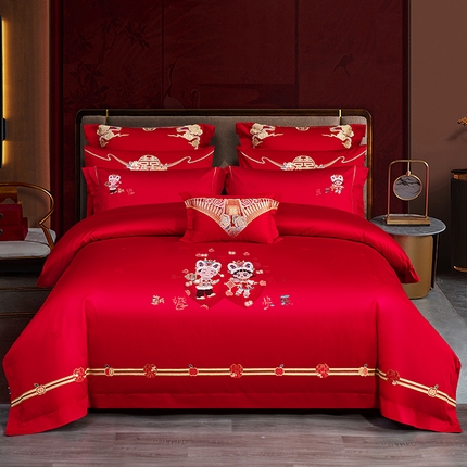 91家纺网 家纺一手货源 找家纺 蒂爵 全棉纯棉长绒棉时尚绣花婚庆四件套多件套 新婚快乐