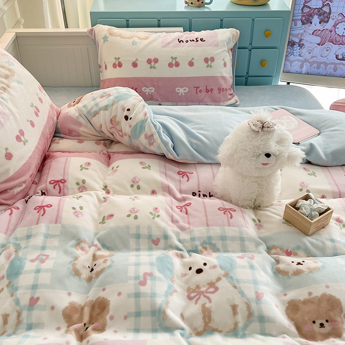 91家纺网 家纺一手货源 找家纺 昔可家纺 2024新款印花牛奶绒四件套系列-卡通系列 油画狗狗