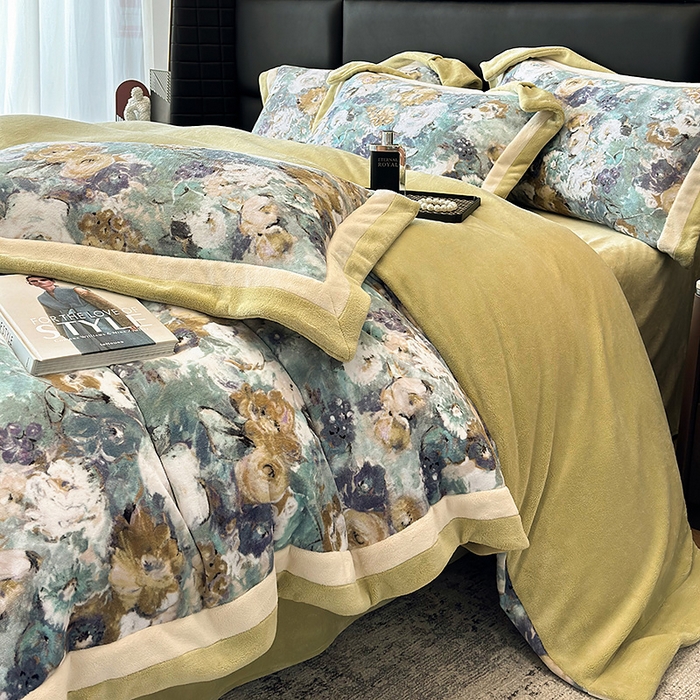 91家纺网 家纺一手货源 找家纺 凡客家居 2024新款高克重牛奶绒数码印花双拼角四件套 温斯顿