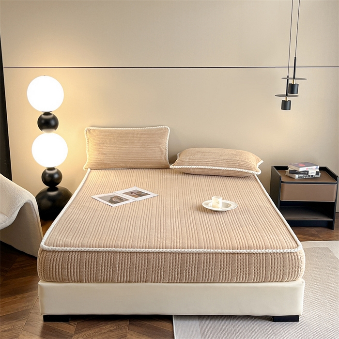 91家纺网 家纺一手货源 找家纺 欧邦 新款提花针织绒牛奶绒铂金系列床笠三件套四件套 针织绒-奶茶咖