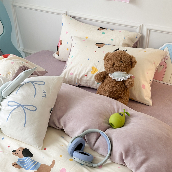 91家纺网 家纺一手货源 找家纺 昔可家纺 2024新款秋冬新款棉加牛奶绒四件套 毛衣腊肠狗