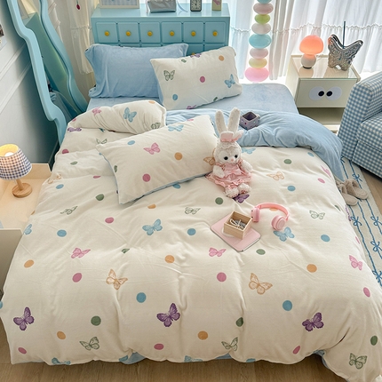 昔可家纺 2024新款印花牛奶绒四件套系列-复古小清新系列 波点彩色蝴蝶