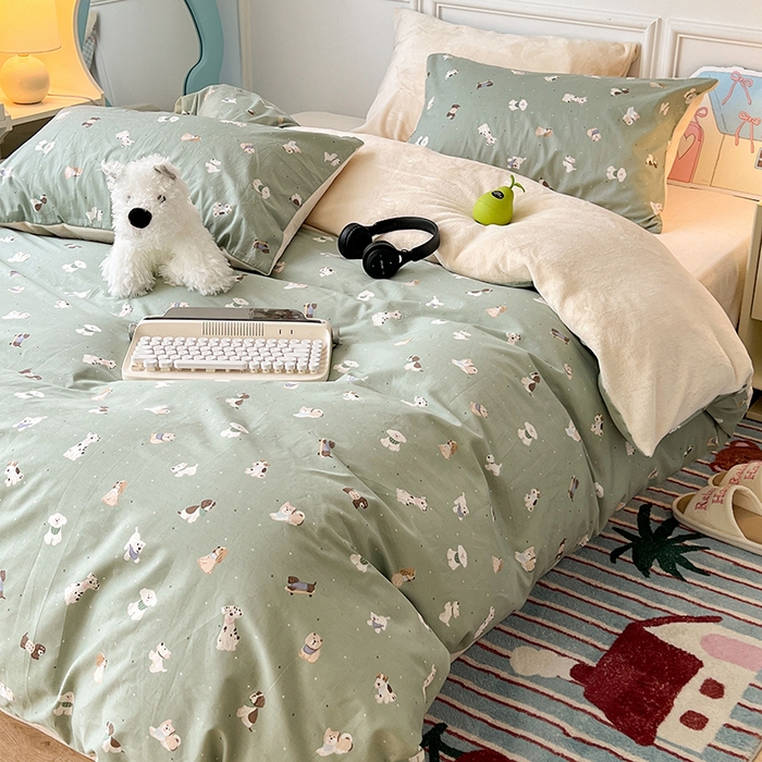 91家纺网 家纺一手货源 找家纺 昔可家纺 2024新款秋冬新款棉加牛奶绒四件套 伙伴狗狗