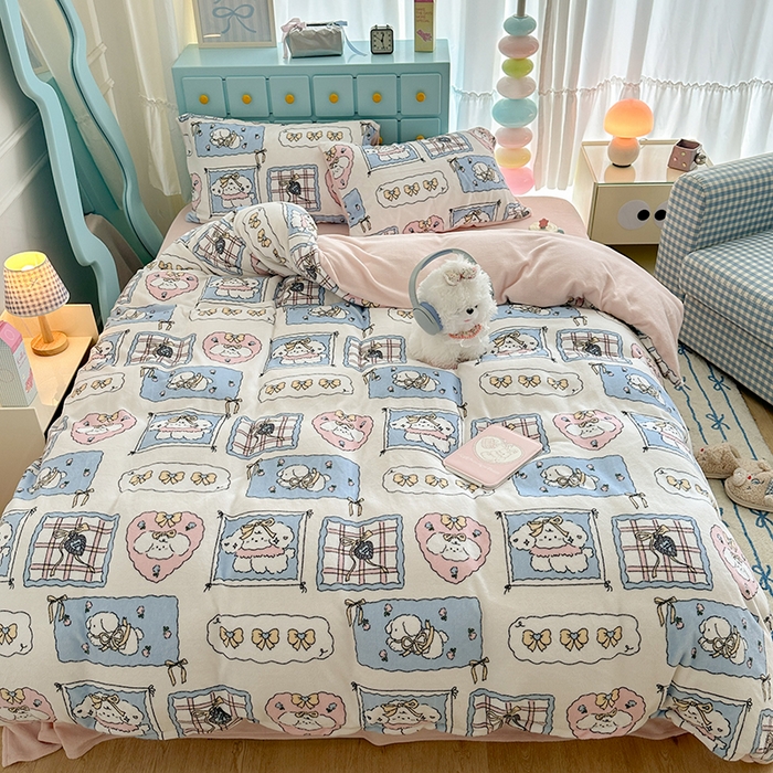 91家纺网 家纺一手货源 找家纺 昔可家纺 2024新款印花牛奶绒四件套系列-卡通系列 泡芙卷卷