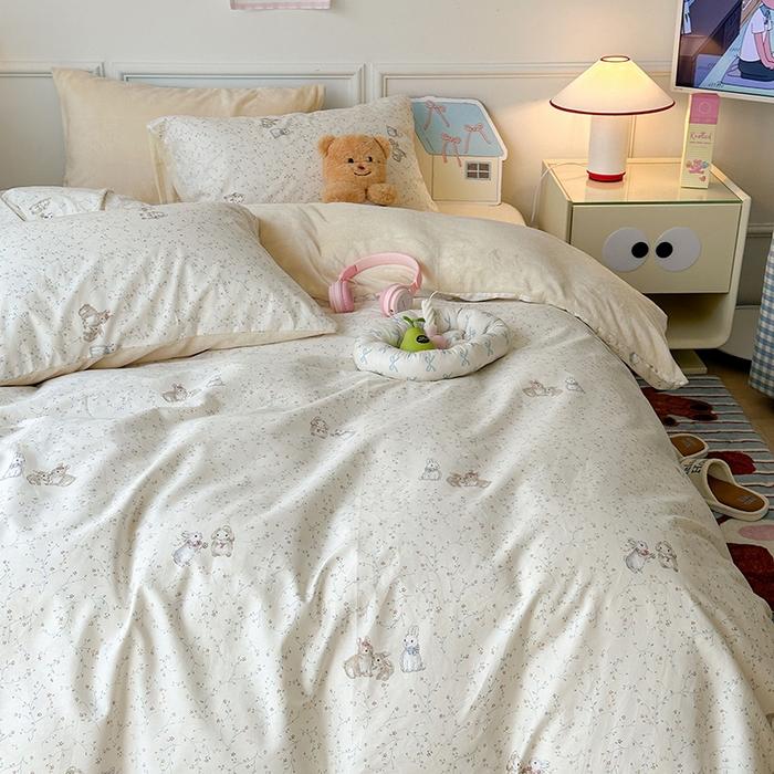 91家纺网 家纺一手货源 找家纺 昔可家纺 2024新款秋冬新款棉加牛奶绒四件套 花枝小兔