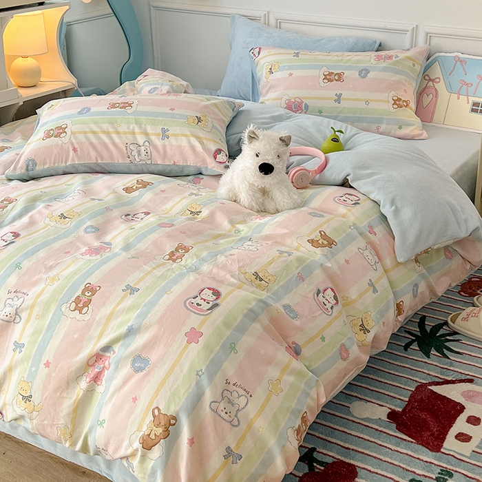 91家纺网 家纺一手货源 找家纺 昔可家纺 2024新款秋冬新款棉加牛奶绒四件套 欢乐彩虹岛