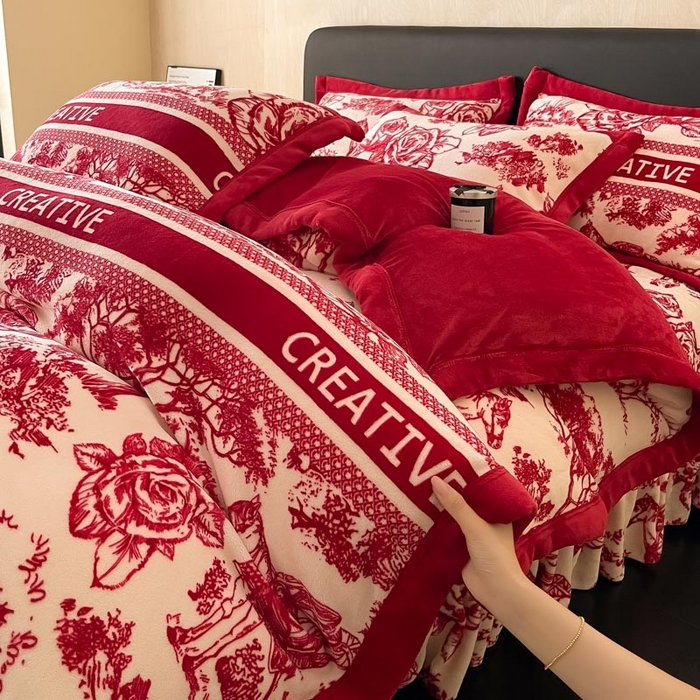 91家纺网 家纺一手货源 找家纺 茉保家纺 2024新款包边款印花牛奶绒床盖四件套 北欧花季 -红
