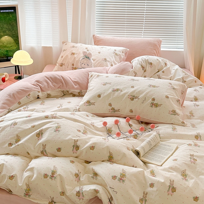 91家纺网 家纺一手货源 找家纺 昔可家纺 2024新款秋冬新款棉加牛奶绒四件套 甜心篮子兔