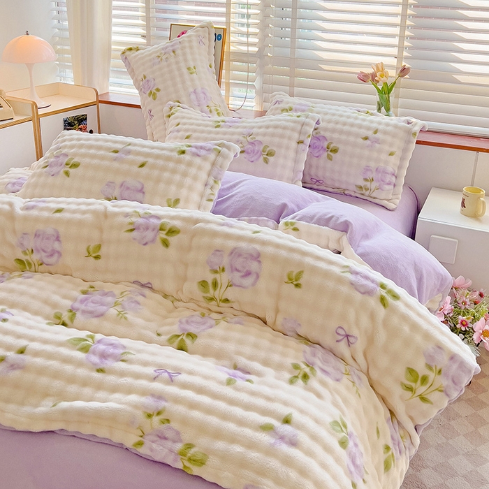 91家纺网 家纺一手货源 找家纺 梵克保罗 2024秋冬新款加厚泡泡牛奶绒数码印花工艺立体仿兔毛四件套 田园生活