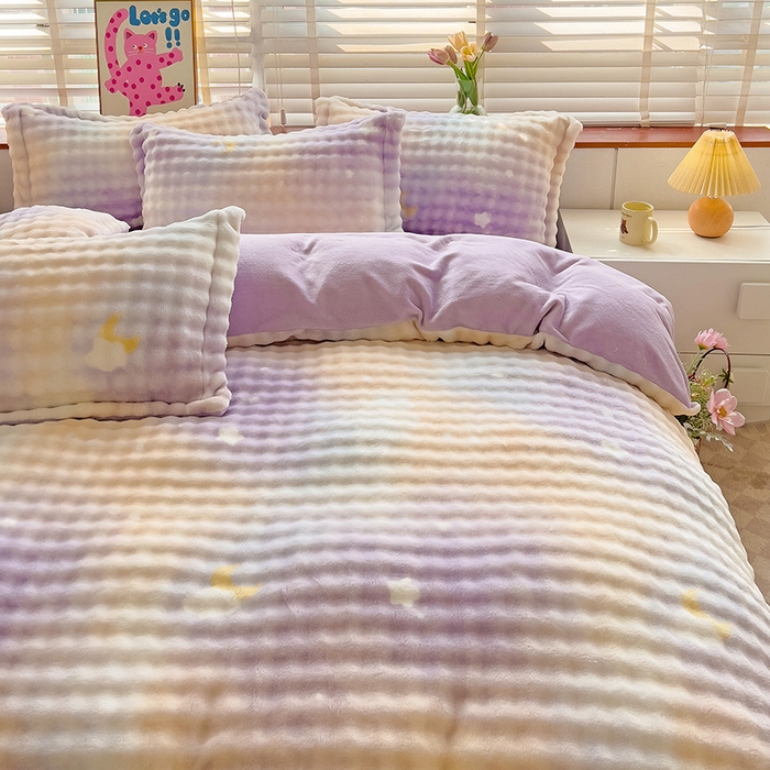 91家纺网 家纺一手货源 找家纺 梵克保罗 2024秋冬新款加厚泡泡牛奶绒数码印花工艺立体仿兔毛四件套 梦幻星空