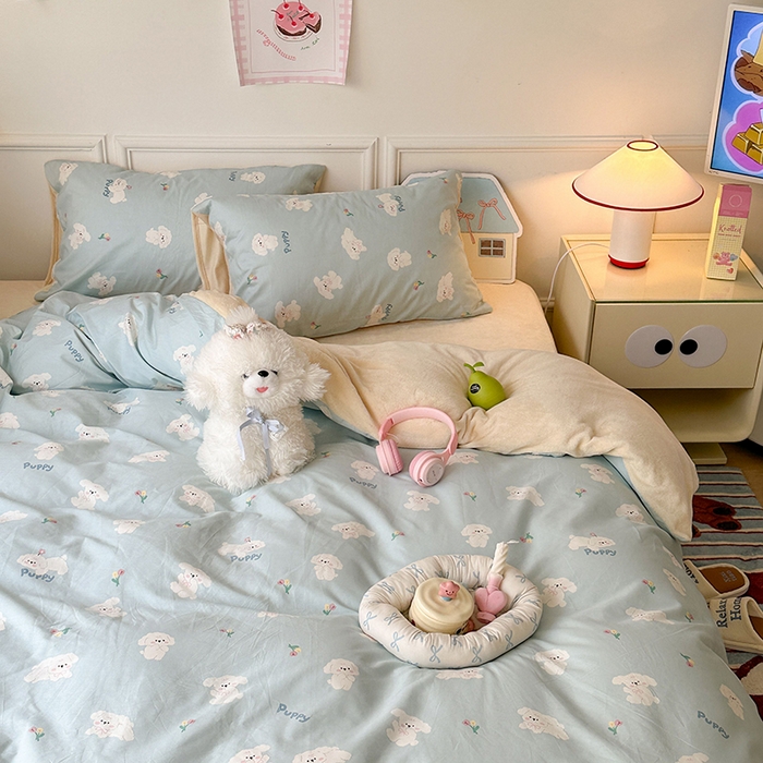 91家纺网 家纺一手货源 找家纺 昔可家纺 2024新款秋冬新款棉加牛奶绒四件套 云朵狗狗