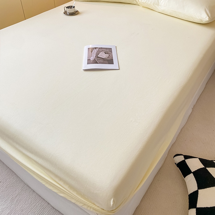 91家纺网 家纺一手货源 找家纺 眠帛家居 2024新款A类亲肤水洗棉纯色单品床笠三件套 奶黄