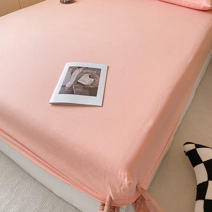 91家纺网 家纺一手货源 找家纺 眠帛家居 2024新款A类亲肤水洗棉纯色单品床笠三件套 奶油粉