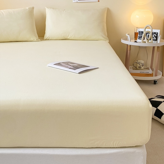 91家纺网 家纺一手货源 找家纺 眠帛家居 2024新款A类亲肤水洗棉纯色单品床笠三件套 奶黄