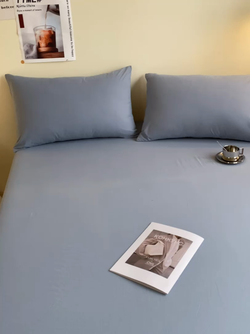 91家纺网 家纺一手货源 找家纺 眠帛家居 2024新款A类亲肤水洗棉纯色单品床笠三件套 蓝灰