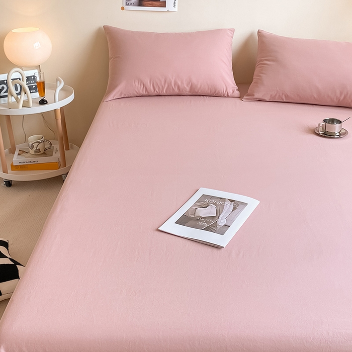 91家纺网 家纺一手货源 找家纺 眠帛家居 2024新款A类亲肤水洗棉纯色单品床单三件套 豆沙