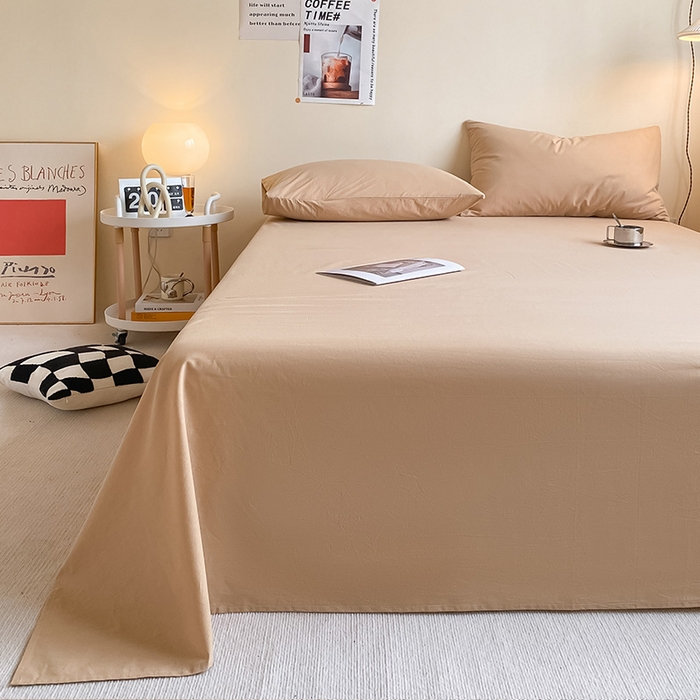 91家纺网 家纺一手货源 找家纺 眠帛家居 2024新款A类亲肤水洗棉纯色单品床单三件套 奶茶