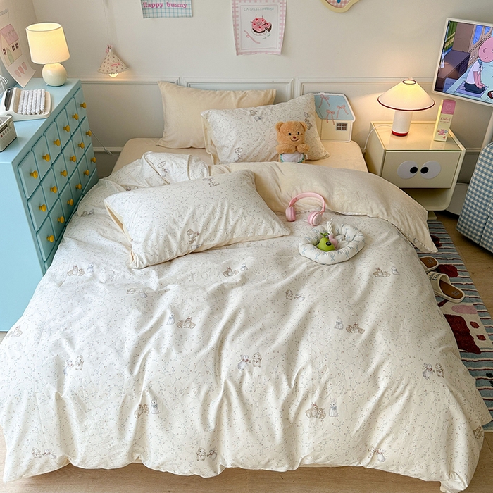 91家纺网 家纺一手货源 找家纺 昔可家纺 2024新款秋冬新款棉加牛奶绒四件套 花枝小兔