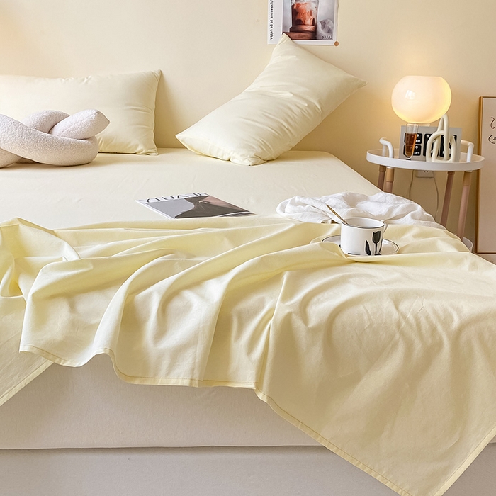 91家纺网 家纺一手货源 找家纺 眠帛家居 2024新款A类亲肤水洗棉纯色单品床单三件套 奶黄