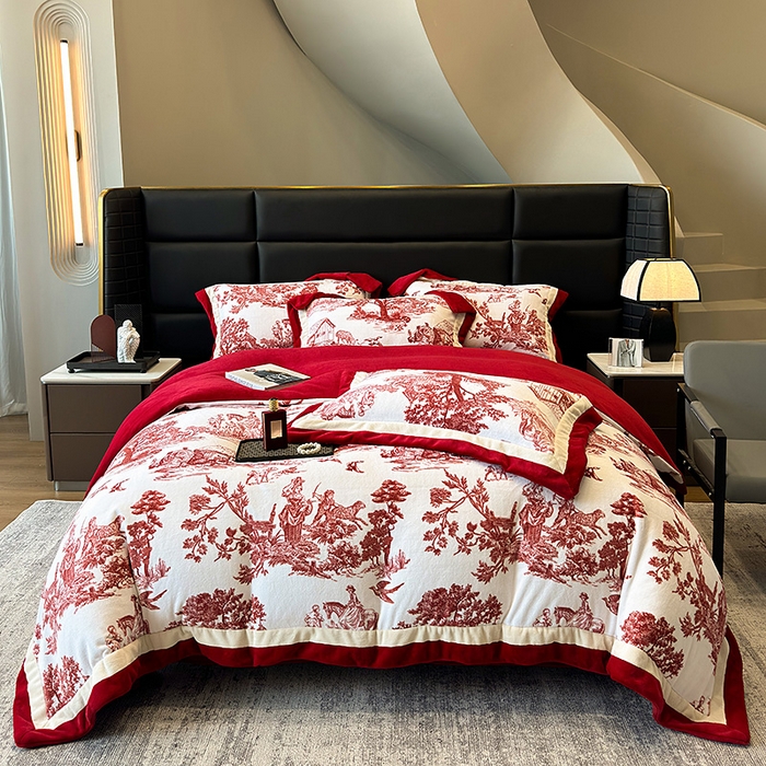 91家纺网 家纺一手货源 找家纺 凡客家居 2024新款高克重牛奶绒数码印花双拼角四件套 玫瑰情缘