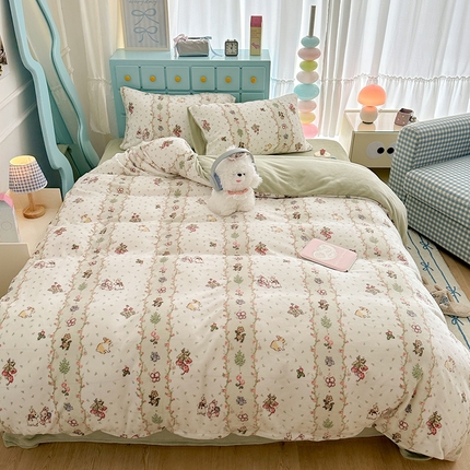 昔可家纺 2024新款印花牛奶绒四件套系列-复古小清新系列 花朵草莓兔