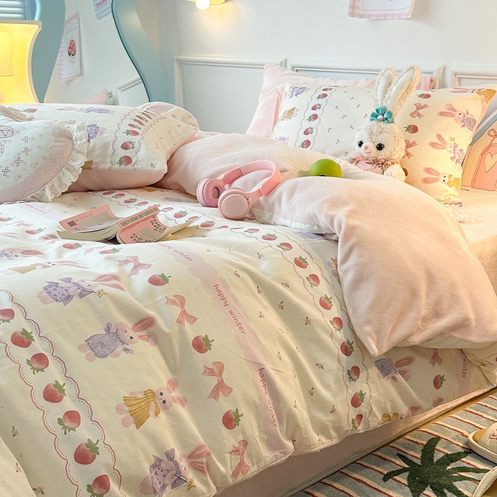 91家纺网 家纺一手货源 找家纺 昔可家纺 2024新款秋冬新款棉加牛奶绒四件套 仙女小兔