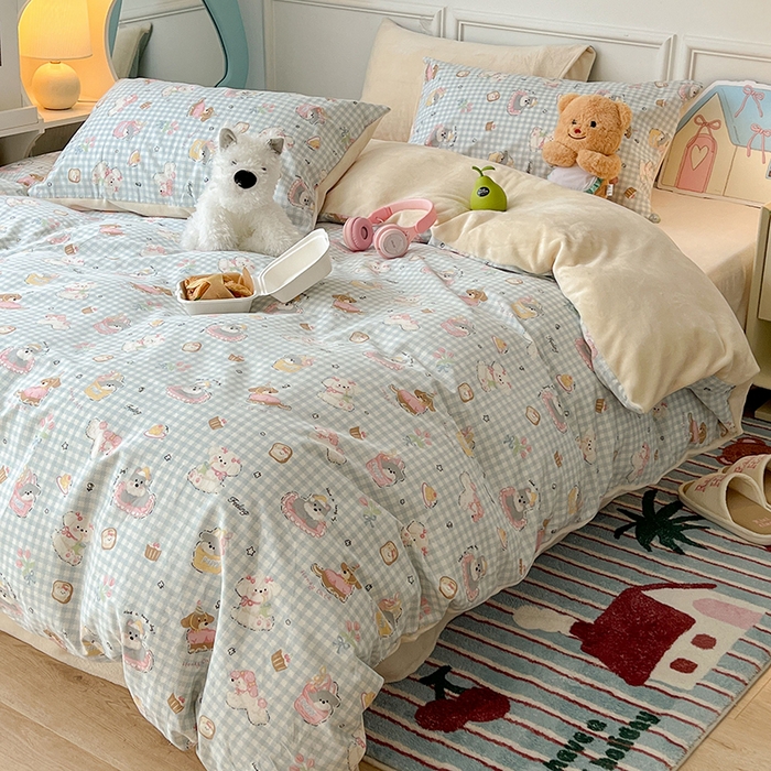 91家纺网 家纺一手货源 找家纺 昔可家纺 2024新款秋冬新款棉加牛奶绒四件套 小狗日记