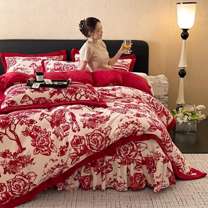 茉保家纺 2024新款包边款印花牛奶绒床盖四件套 北欧花季 -红