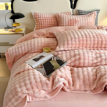 玖琳家纺 2024新款A类大泡泡懒兔毛绒+牛奶绒四件套 粉色