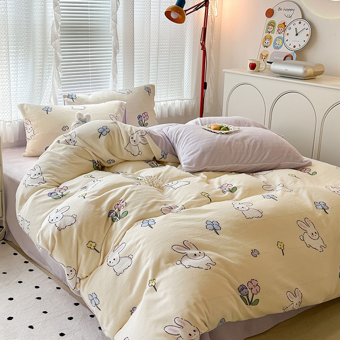 91家纺网 家纺一手货源 找家纺 昔可家纺 2024新款印花牛奶绒四件套系列-2023年热款系列 花小兔