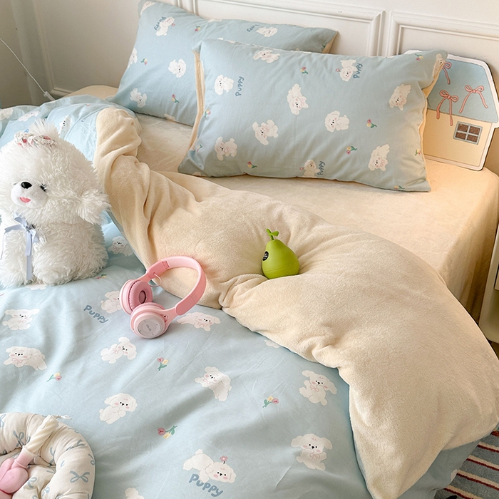 91家纺网 家纺一手货源 找家纺 昔可家纺 2024新款秋冬新款棉加牛奶绒四件套 云朵狗狗