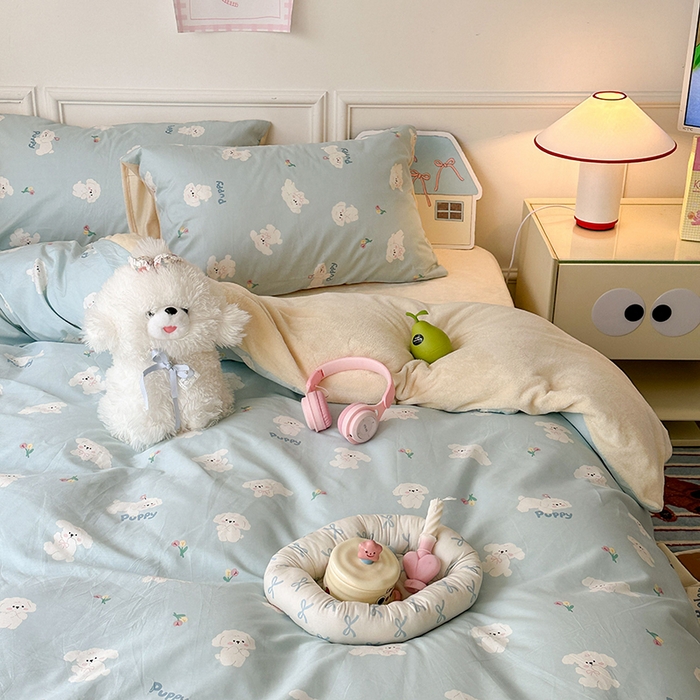 91家纺网 家纺一手货源 找家纺 昔可家纺 2024新款秋冬新款棉加牛奶绒四件套 云朵狗狗