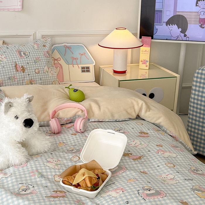 91家纺网 家纺一手货源 找家纺 昔可家纺 2024新款秋冬新款棉加牛奶绒四件套 小狗日记