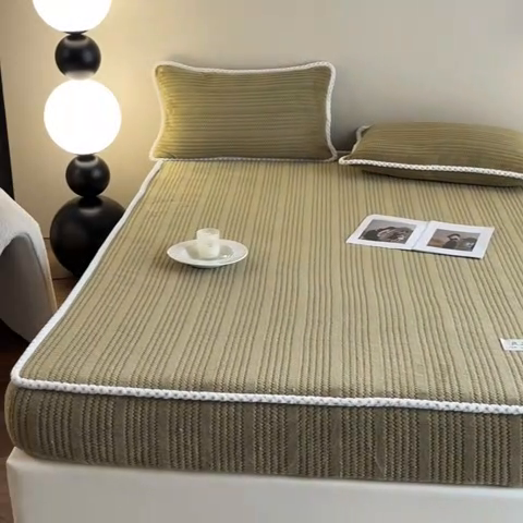 91家纺网 家纺一手货源 找家纺 欧邦 新款提花针织绒牛奶绒铂金系列床笠三件套四件套 针织绒-摩卡棕