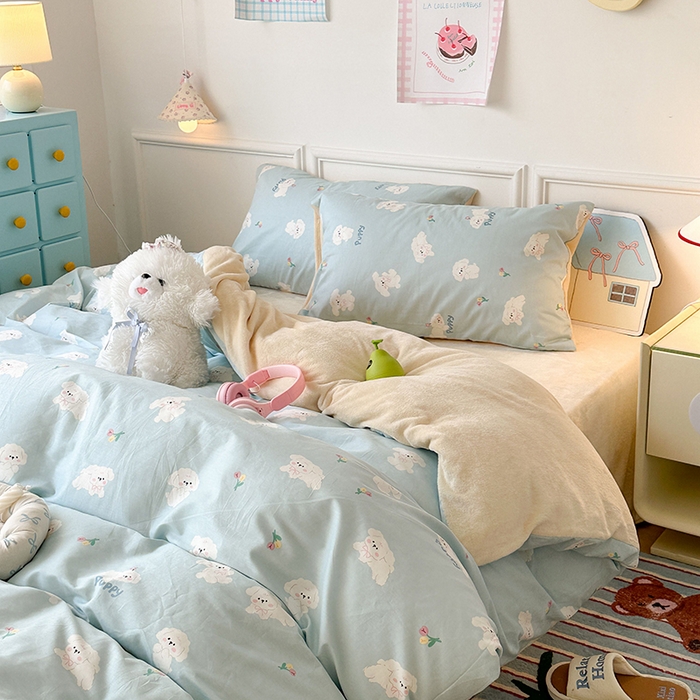 91家纺网 家纺一手货源 找家纺 昔可家纺 2024新款秋冬新款棉加牛奶绒四件套 云朵狗狗