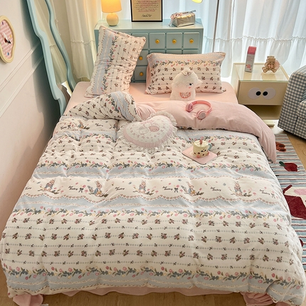 昔可家纺 2024新款印花牛奶绒四件套系列-复古小清新系列 郁金香花花兔