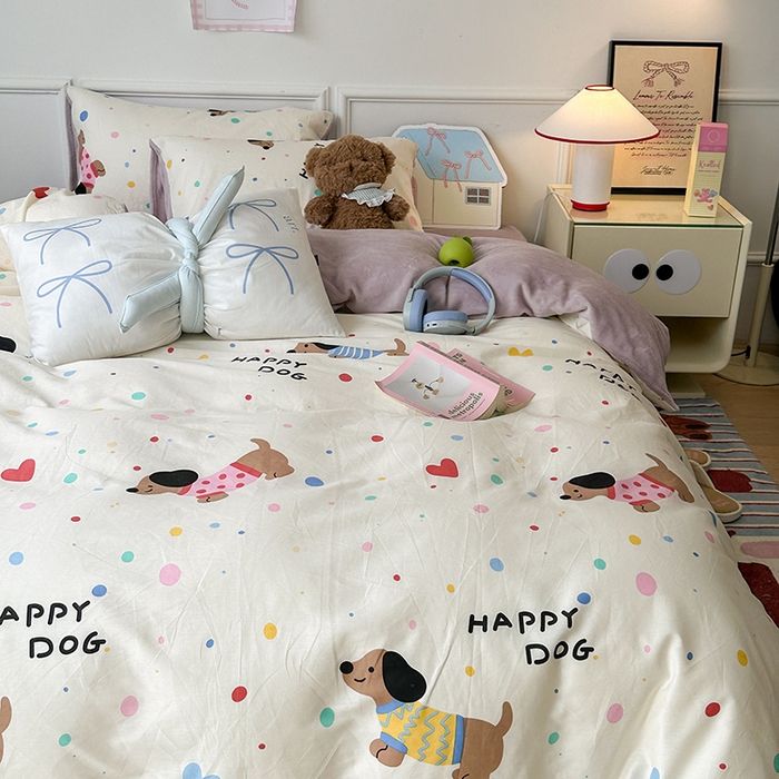 91家纺网 家纺一手货源 找家纺 昔可家纺 2024新款秋冬新款棉加牛奶绒四件套 毛衣腊肠狗