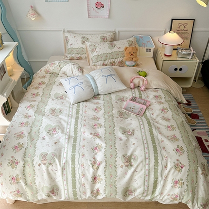 昔可家纺 2024新款秋冬新款棉加牛奶绒四件套 竖莓小兔