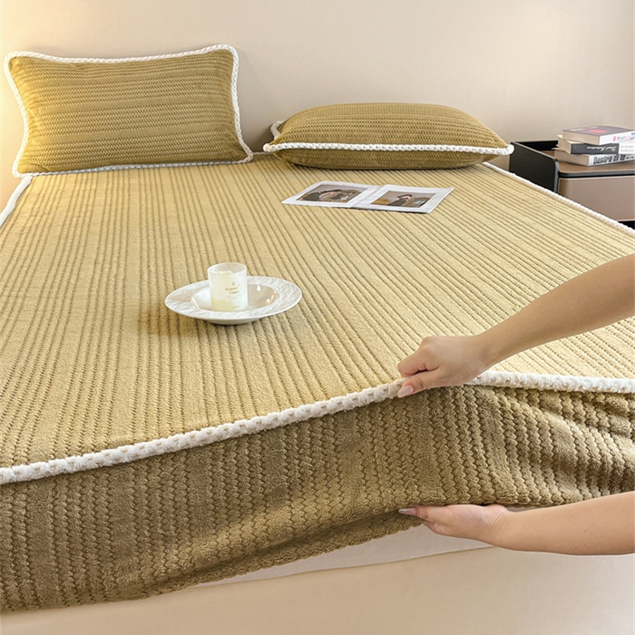 91家纺网 家纺一手货源 找家纺 欧邦 新款提花针织绒牛奶绒铂金系列床笠三件套四件套 针织绒-摩卡棕